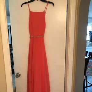 Long coral dress with custom added gold belt